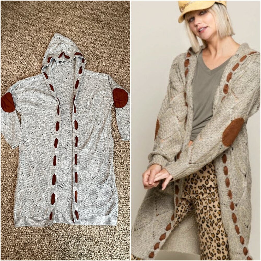 Large Camisa light gray hooded cardigan with brown elbow patches and stitching